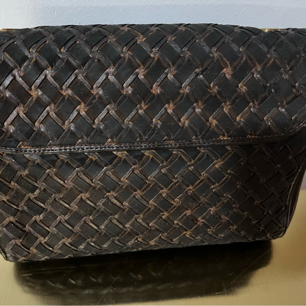 Bally Vintage Woven Leather Clutch Black Gold Turn Lock Italy - Picture 14 of 16